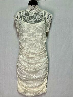 Vintage 2000s Ivory Lace Mesh High Neck Ruched Bodycon Mini Dress Med Coquette